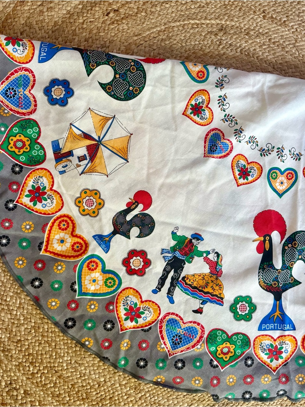 Vintage Portuguese Round Tablecloth Barcelos Rooster Dancers Folk Art Cotton